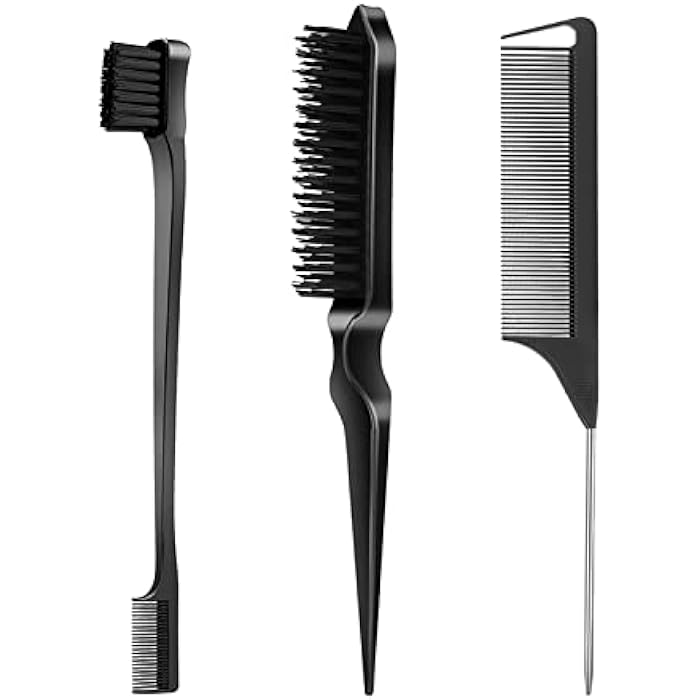SWEET VIEW 3 Pcs Slick Back Hair Brush Set with Edge Brush, Bristle Brush, Rat Tail Comb, Teasing Brush Set for Smoothing Baby Hair & Flyaways - Black - Image 1